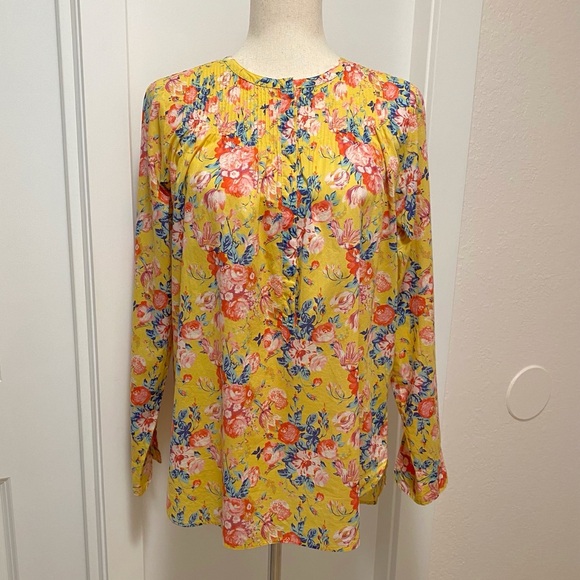 J Crew Liberty London Magical Bouquet Popover Blouse Yellow Floral Roses Pintuck - Picture 3 of 10